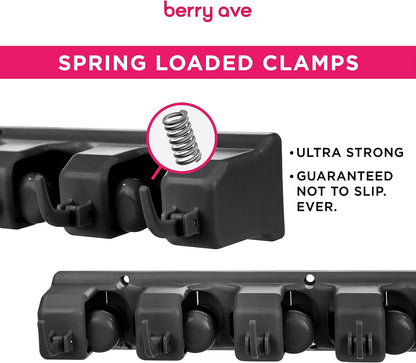 Combo 5 Slot Broom Holder w/ 1 Self Adhesive Mop Gripper No-Drilling, Wall Mount Tool Organizers For Kitchen, Garage, Laundry Room- Anti-Slip Hanger For Brooms, Mops, Rakes, Dustpans (Black / Black)