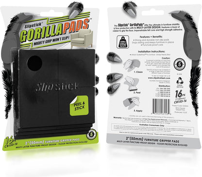 Slipstick GorillaPads Non Slip Furniture Pads/Gripper Feet Floor Protectors (Set of 16) Premium 2 Inch Square Self Adhesive Rubber Pads for Furniture Legs, Black, CB153-16