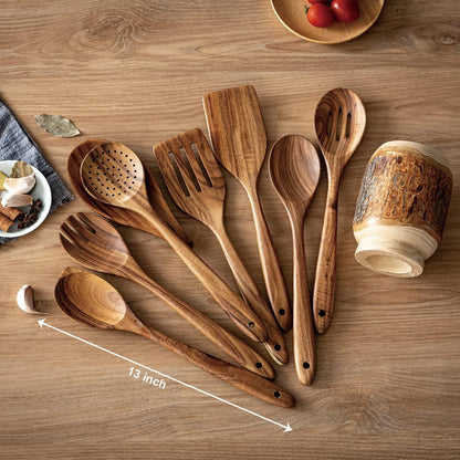 Gudamaye 13 inch Long Wooden Spoons for Cooking,Wooden Utensils for Cooking with Utensils Holder,9 PCES Wooden Kitchen Utensils Set with Utensils Holder and Spoon Rest,Natural Teak Wooden Spoons Set