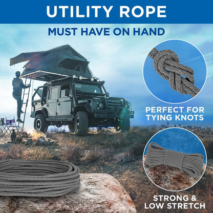 TECEUM Cotton Rope 3/16” (5 mm) – 100 FT – Strong All-Purpose Braided Rope – Natural Cotton – for Crafting, Сamping, Clothes Line, DIY, Indoor & Outdoor Use – Gray