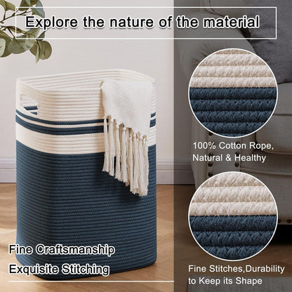 OIAHOMY Laundry Hamper-Laundry Basket,Tall Cotton Storage Basket with Handles,Decorative Blanket Baskets for Living room,Collapsible Large Baskets for Toys,Pillows,Clothes-16x13x22in-Blue