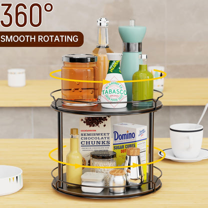 Lazy Susan Organizer 2 Tier - 12.4" Turntable Spice Rack for Table Top, Wooden Rotating Lazy Susan for Cabinet Pantry Kitchen Countertop Dining Table Cupboard Bathroom Vanity Storage(Black)