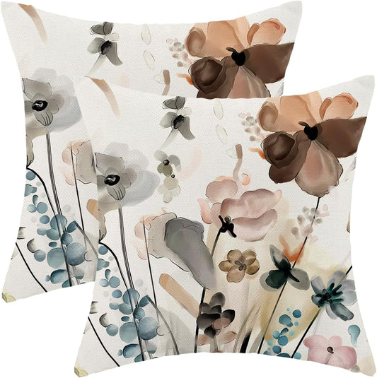 CXMEIFLY Spring Floral Pillow Covers 18 x 18 Inch Set of 2 for Watercolor Flowers Decor Throw Pillows Teal Brown Leaves Plant Floral Outdoor Decorative Cushion Cases for Couch Bed Decorations