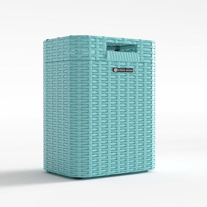 Ypati Handwoven 4 Gallon Rattan Trash Can with Lid, Boho Style Decorative Indoor and Outdoor Trash Bin with Shelf, Waste Basket for Bathroom, Kitchen, Patio, with Trash Bags, Turquoise Blue, Eureka