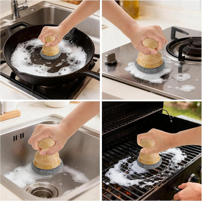 Cast Iron Scrubber and Scraper,Chain Mail Cleaner with Bamboo Handle & Draining Tray,316 Stainless Steel Brush for Cleaning Pots,Pans,Wok,Bakeware,Griddles, Grills,Dishes (Small Chain Mail)