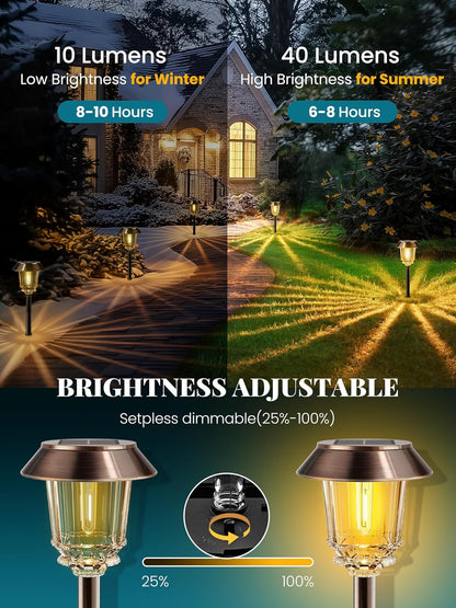 Solar Lights Outdoor Waterproof,4 Pack Bronze Pathway Lights with 10-40 LM Dimmable Glass and Metal, Solar Powered Garden Fall Decor for Yard,Patio,Pathway,Driveway(Warm White)