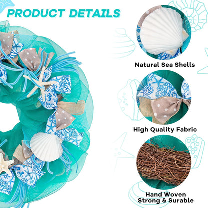 26 Inch Coastal Seashell Large Wreath with Natural Starfish & Scallops Shell, Lake Blue Beach Style Front Door Wreath with for Spring Summer, Farmhouse Rustic Indoor Outdoor Home Wall Wedding Decor