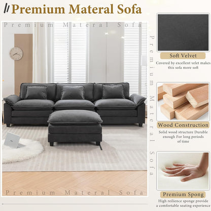 URRED Modular Sectional Sofa Comfy Cloud Couch, Modern Velvet Sofa Sleeper Deep Seat Couches with Ottoman/Pillows for Living Room (Dark Gray, 117''- L Shape)