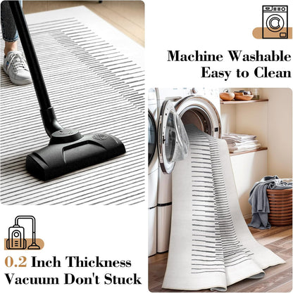 Wonnitar Washable Striped 8x10 Rugs for Living Room, Non-Slip Soft Grey Berber Stripe Bedroom Rug, Low Pile Minimalist Floor Carpet for Dining Room Living Room Office Department (Grey, 8' x 10')