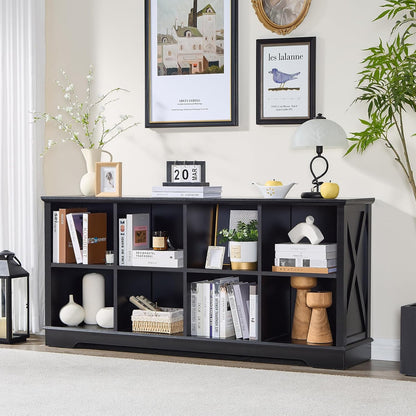 Farmhouse 8 Cube Bookshelf, Black Storage Organizer Bookcase, Kids Toy Storage Cabinet, Long Bookshelves Storage Organizer Shelf, Wood Display Cabinet Book Shelves for Bedroom,Living Room,Office