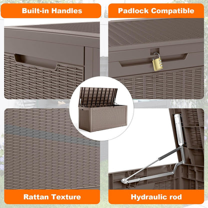 100 Gallon Resin Deck Box, Lockable Patio Outdoor Storage Box for Furniture, Garden Tools and Tools Storage, Waterproof Outside Storage Boxes - Grey