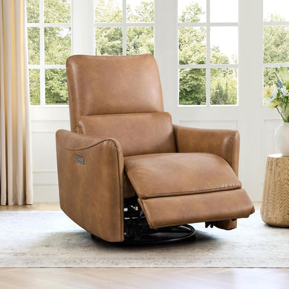 CHITA Power Recliner Chair Swivel Glider, FSC Certified Upholstered Faux Leather Living Room Nursery Reclining Sofa Chair with Lumbar Support, Cognac Brown