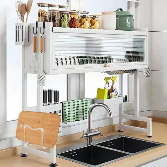 Dish Drying Rack, 3-Tier Over Sink Dish Drying Rack, 33.5" Sink Dish Rack for Small Kitchen, Space-Saving Sink Dish Rack with Cover, Baskets, Utensil, Large Kitchen Storage Organizer White