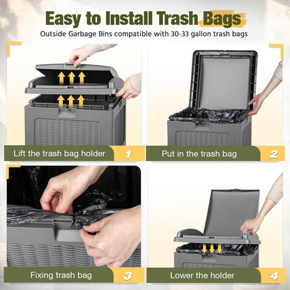 Devoko 33 Gallon Outdoor Trash Can with Dual Lid, Heavy Duty Waterproof Resin Garbage Bins Outside, Hideaway Waste Bins for Patio, Outside Pool, Backyard and Deck (2, Gray)