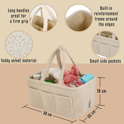 Baby Diaper Caddy Organizer – Soft Beige Sherpa with 3 Removable Compartments & 6 Side Pockets – Perfect Nursery Storage Bin & Car Organizer for Diapers, Baby Wipes, and Essential Supplies.
