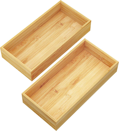 BAMEOS Deep Utensil Drawer Organizer, Bamboo Silverware Organizer for Kitchen Drawer Storage Flatware Junk Cutlery Jewelry 14"x 6.8" Set of 2 (Natural)