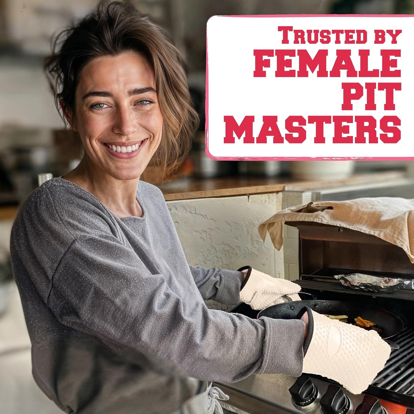 KITCHEN PERFECTION XL Silicone Smoker Oven Gloves for Women -Extreme Heat Resistant BBQ Gloves -Handle Hot Food Right on Your Grill Fryer&Pit|Waterproof Grilling Cooking Mitts|Superior Set+3 Bonuses