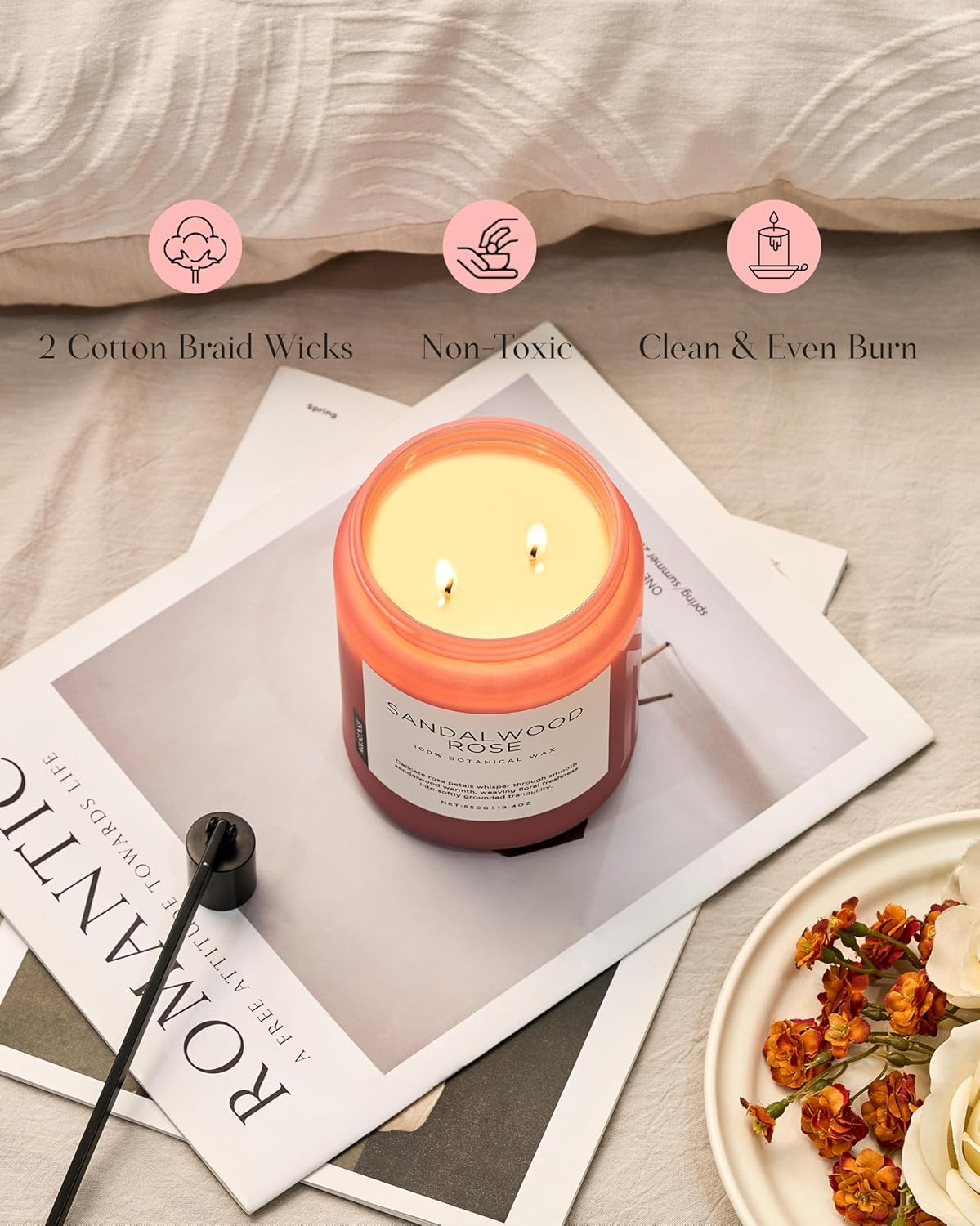 M&SENSE Sandalwood Rose Scented Candle 19.4oz 110 Hours Long Lasting Burn Natural Soy Wax Strong Scented Candle for Home, 2 Wick Home Fragrance Slow Burning Housewarming Gifts for Men Women