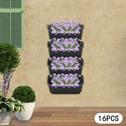 Self Watering Outdoor Wall Mounted Planter Vertical Garden with 16 Pockets Plastic Plant Grow Pots for Hanging Flower Herbs Vegetables Home Indoor Outdoor Black