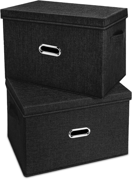 Large Linen Fabric Foldable Storage Bins with Removable Lid and Handles, Washable Storage Box Organizer Containers Baskets Cube with Cover for Bedroom,Office(Black, Small(2-Pack))