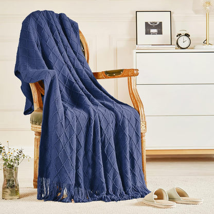 inhand Navy Blue Throw Blanket for Couch and Bed, Soft Living Room Home Decor Knitted Twin Size Blanket, Outdoor Lightweight Breathable Summer Blanket, Farmhouse Warm Woven Decorative, 60"x80"
