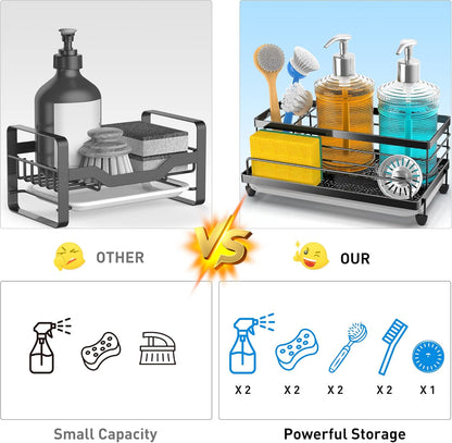 Cisily Large Black Sponge Holder for Kitchen, Sink Caddy Sink Organizer Rack for Kitchen Accessories with Drip Tray, Rustproof and Non-slip, Soap Dispenser Countertop Organizer Essentials for New Home