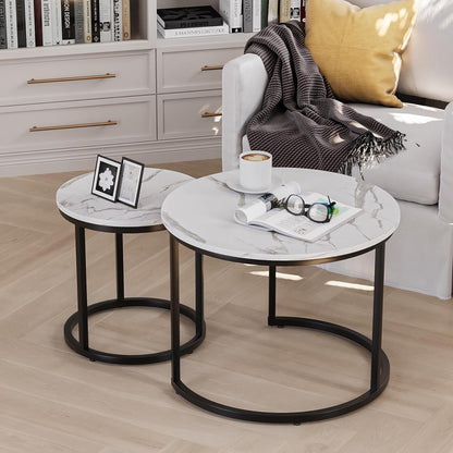 Smuxee White Nesting Coffee Table Set of 2, 23.6" Round Coffee Table Wood Grain Top with Adjustable Non-Slip Feet, Industrial End Table Side Tables for Living Room Bedroom Balcony Yard