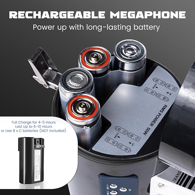 MyMealivos 50W Bluetooth Megaphone with Rechargeable Battery-Professional Bullhorn with Siren&240s Recording Supports USB/SD/3.5mm Aux-1600ft Range for Sports Police Emergency Outdoor Activities