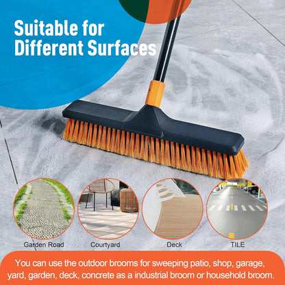 18" Push Broom Outdoor for Floor Cleaning with Extendable Long Handle, Stiff Bristle Heavy Duty Broom for Bathroom, Kitchen, Tub, Tile, Patio, Deck, Concrete, Industrial
