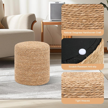 16'' Round Ottoman Natural Seagrass Braided Poof Hand Weaving Round Ottomans Boho Footrest Stool for Home Living Room Bedroom Patio(Natural)