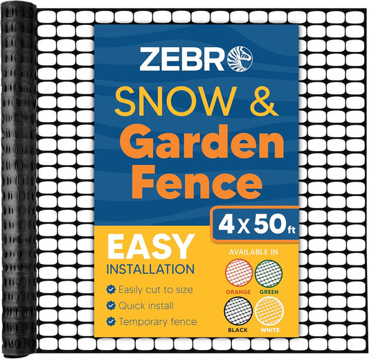 ZEBRO 4' x 50' Black Plastic Garden Fence Roll – Light Duty Mesh Fencing for Temporary Fence, Snow, Garden Netting, Animal Barrier, Agricultural Fencing & Lawn Protection