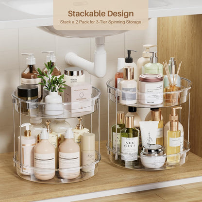 LAMU 2 Pack 2 Tier Lazy Susan Turntable Organizer 12inch Rotating Spice Rack Organization for Cabinet, Kitchen, Pantry, Countertop, Bathroom, Vanity, Medicine Cabinet Organizer, Clear