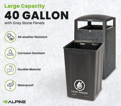 Alpine Outdoor Commercial Trash Can with Lid - 40 Gallon Heavy Duty Metal Garbage Can with Removable Bin, Locking Lid for a Modern Look in Park, Mall & High Traffic Areas - Black, Grey Stone Panels
