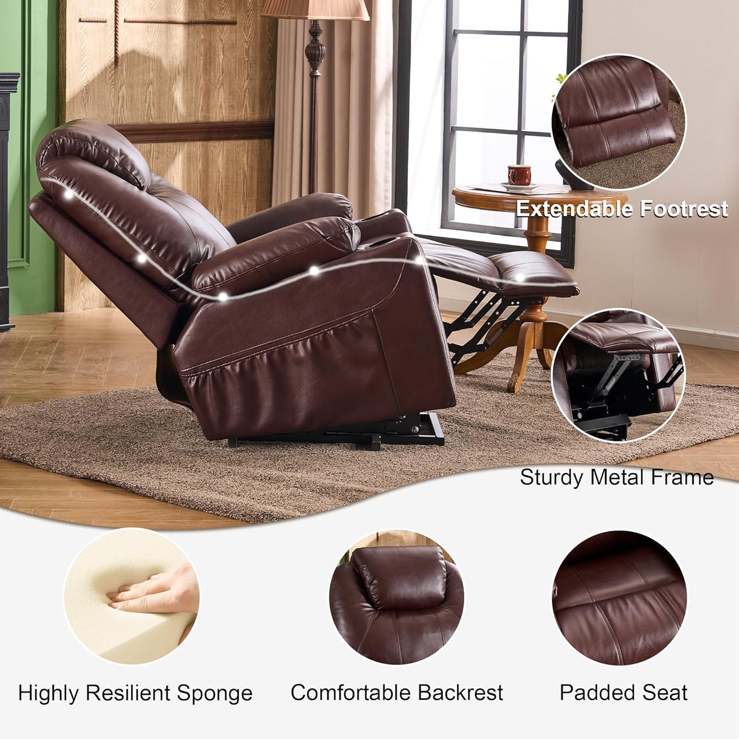 SALOHZA Power Lift Recliner Chair for Elderly with Massage and Heat for Living Room, Electric Recliner Chair for Adults with USB/Type C Port/Cup Holders, PU Faux Leather, Chocolate Brown