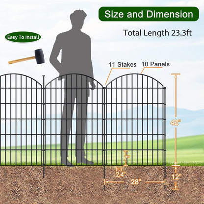 Metal Garden Fence 42in (H) x 23.3ft (L), 10 Panels + 11 Stakes Dog Fence Border Fence Animal Barrier, No Dig Garden Fencing for Yard Flower Bed Lawn Patio Outdoor, CTW4210 Black