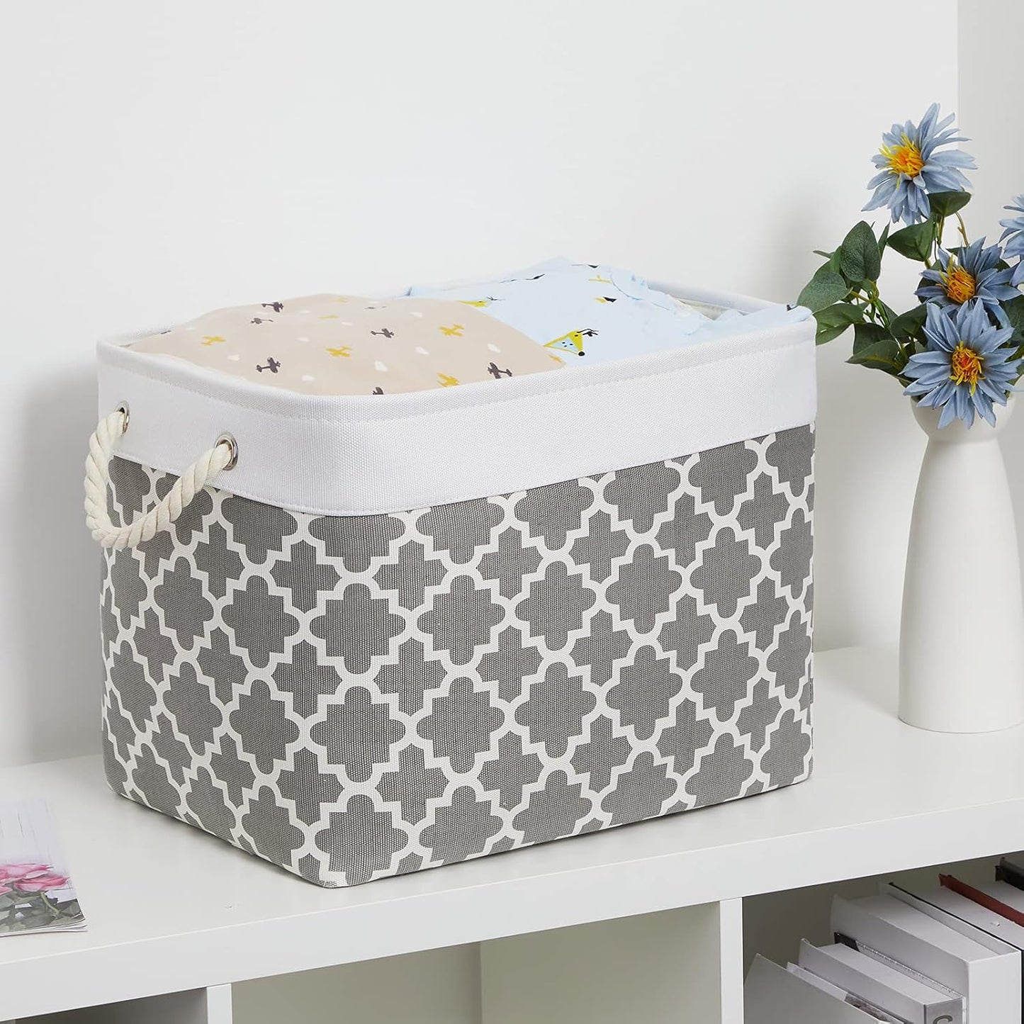Bidtakay Large Fabric Storage Basket Set of 2 Collapsible Rectangle Basket for Shelves 16" X 11.8" X 11.8" Decorative Organizer Bins for Clothes Toys(White&Quatrefoil Grey)