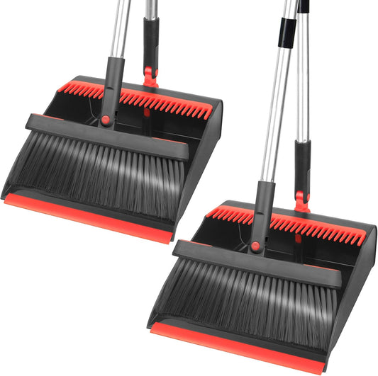 PHYEX 2-Pack Broom and Dustpan Combo Set, with 48" Adjustable Long Stainless Handles, Stand Up Dustpan with Self-Cleaning Teeth, Ideal for Home, Office, Kitchen, Indoor & Outdoor Use, Black