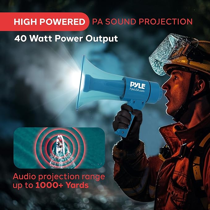 Pyle 40W Megaphone Bullhorn Speaker, Rechargeable Battery with Siren, LED Lights, Adjustable Volume, and 1000+ Yard Projection Range, Waterproof IP-X5, Ideal for Crowd Control & Indoor/Outdoor Events