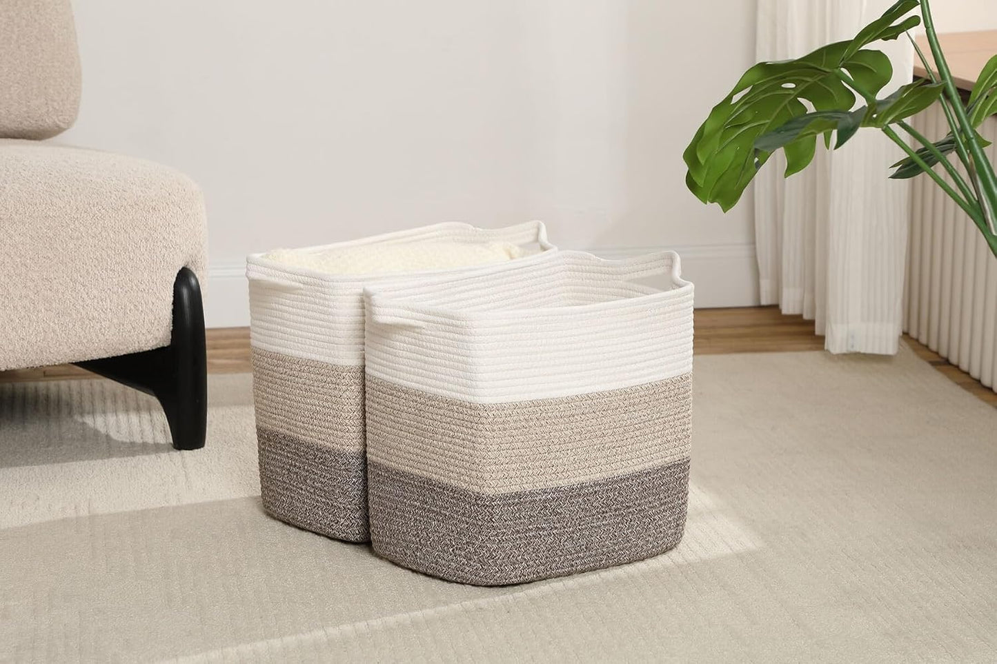 Tall Storage Bins for Clothes Fabric Cotton Rope Storage Baskets with Handles, Decorative Woven Basket for Living Room,Closet Organizer Blankets, and 2bags (Gradient Brown, L16×W11.4×H15.9)