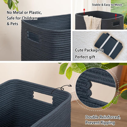 OIAHOMY Laundry Hamper, Laundry Basket，Rectangle Cotton Large Blanket Storage Basket for Living room,Bedroom Woven Decorative Storage for Toys,Clothes,Pillows-16x13x22in-Blue