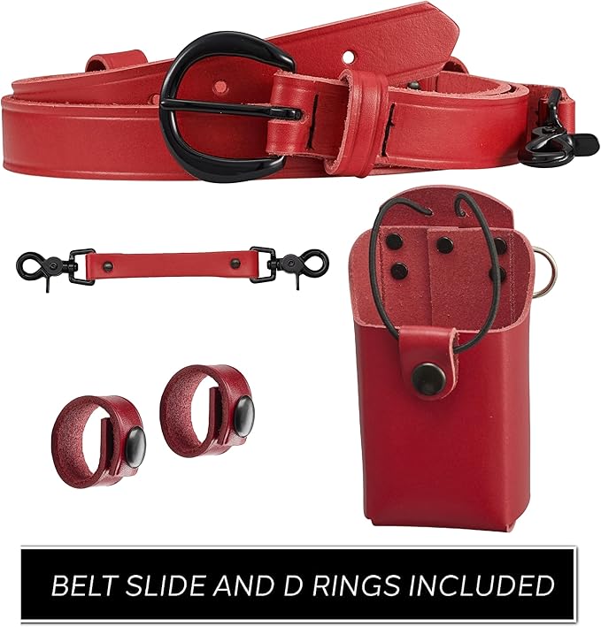 Shield Red Leather Firefighter Bundle - Anti-Sway Radio Strap/Belt Holder with Black Rivets