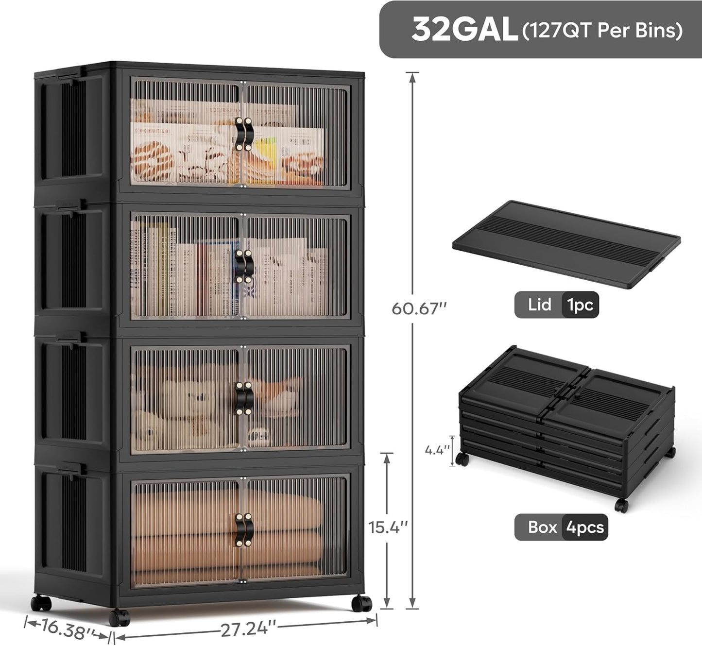 Jalove 120Gal Large Storage Bins with lids, 480QT Plastic Stackable Containers with Wheels, Collapsible Closet Organizer and Storage Drawers,Clothes Organization for Cabinet Home, 4Pack Black