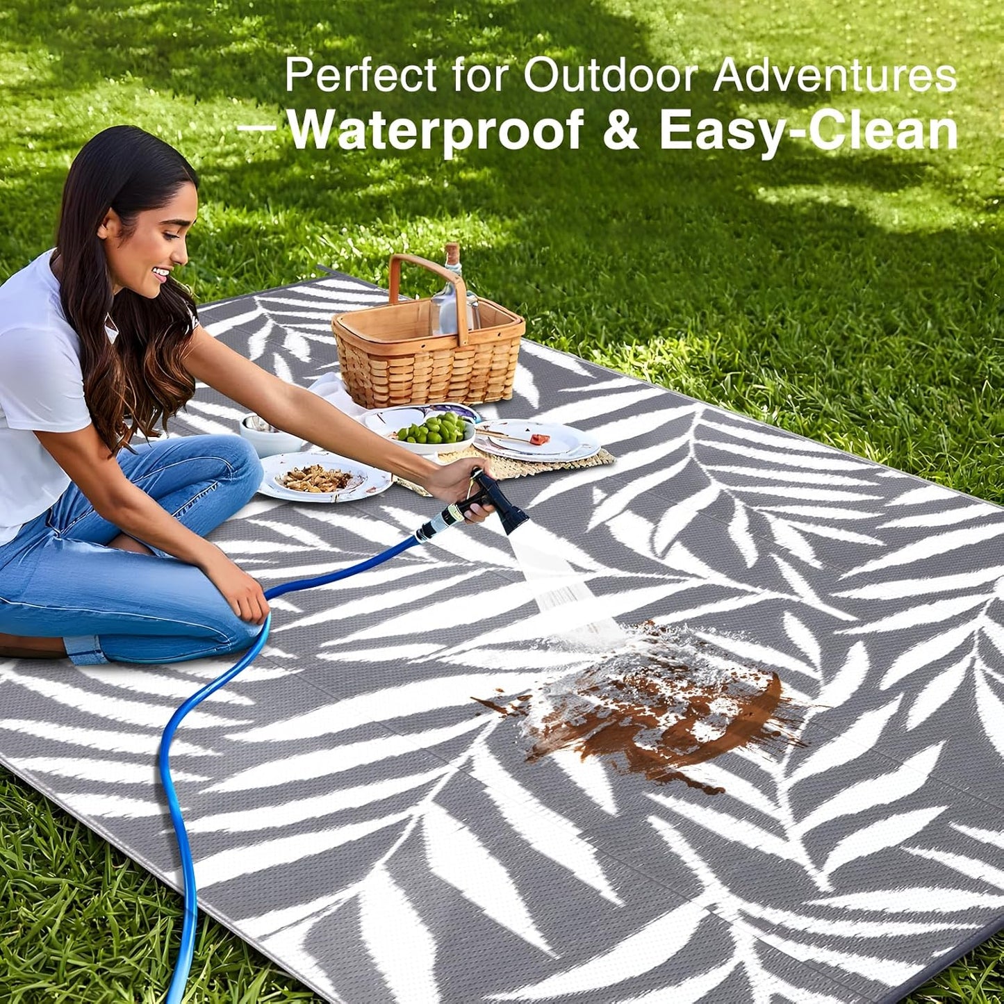 OLANLY Waterproof Outdoor Rug 8x10 ft, Reversible Outdoor Plastic Straw Rug with Leaf Pattern, RV Mat, Indoor Outdoor Carpet for Patio, Camping, Balcony, Deck, Backyard, Grey & White