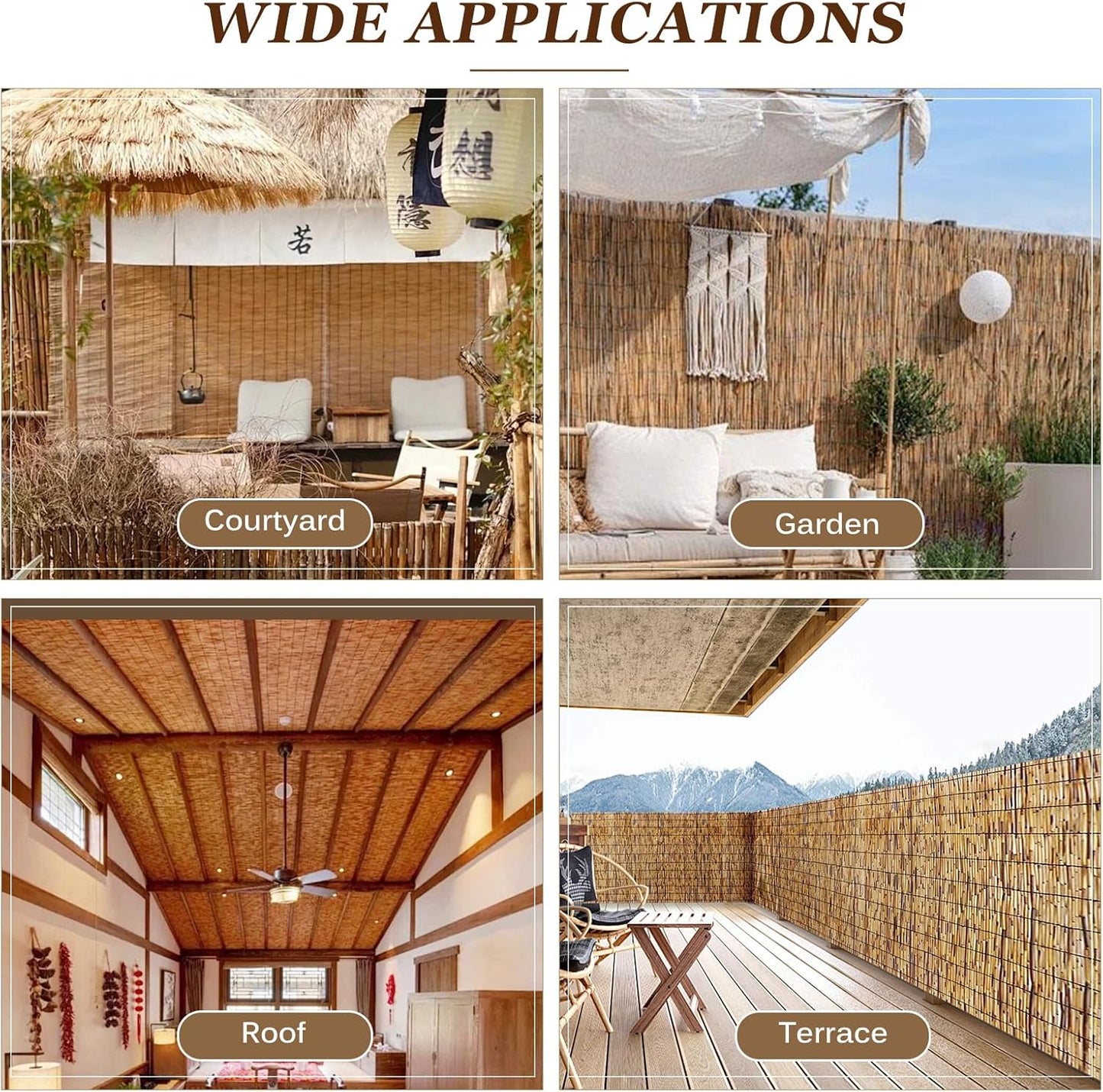 Natural Reed Fencing Rolls: Privacy Bamboo Fence 3/4/5/6ft High Roll Reed Screen, Decorative Bamboo Fencing for Outdoor Balcony Patio Garden Backyard,with Cable Zip Ties(Coffee, 6x10ft)