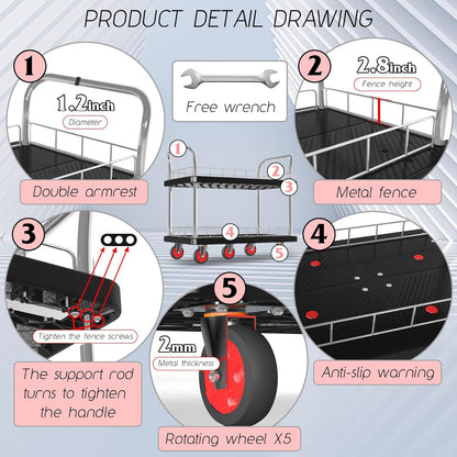 Utility Service Cart 2 Shelf - 880lbs Capacity Heavy-Duty Plastic Rolling Utility Carts with 5 of 360° Swivel Wheels and Handle, Large Service Cart for Groceries, Warehouse,Garage 43.5''x25.6''