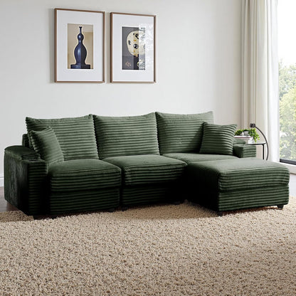 Modular Sectional Sofa Couch, Plush Corduroy Fabric Sectional Couches for Living Room with USB Charging Ports, Phone Holders, and Multi-Functional Storage Armrests (Green, 3set+1ottoman)
