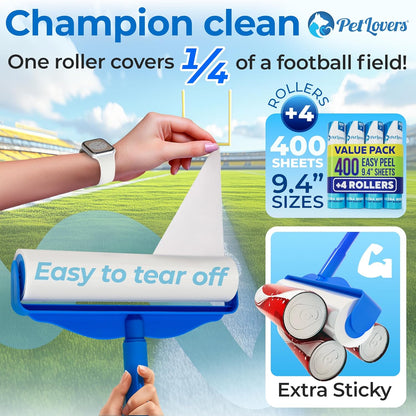 PetLovers Large Lint Roller with 3 Refills – 400 Total Sheets for Tackling Pet Hair, Extra Large Floor and Carpet Roller for Homes with Pets, Perfect for Floors, Furniture, and Loving Pet Owners
