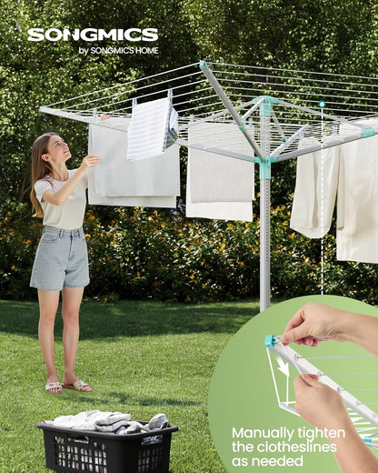 SONGMICS Umbrella Drying Rack, Retractable Outdoor Drying Rack, Height Adjustable, 164 ft Long Clothesline, Holds 5 Laundry Loads, for Garden, with Ground Spike, Cover, Silver and Green ULLR301E01