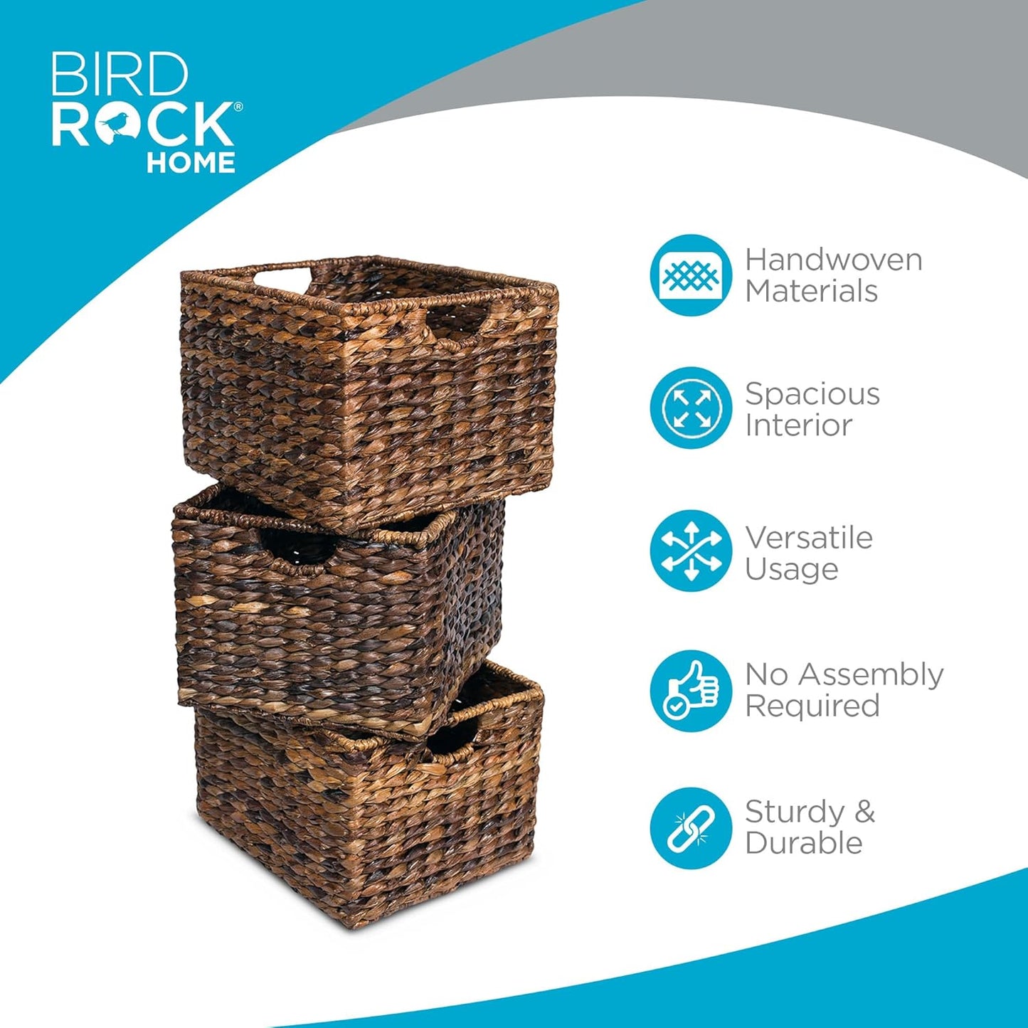 BIRDROCK HOME Woven Storage Shelf Organizer Baskets with Handles - Set of 3 - Abaca Wicker Basket - Pantry Living Room Office Bathroom Shelves Organization - Under Shelf Basket - Handwoven (Espresso)
