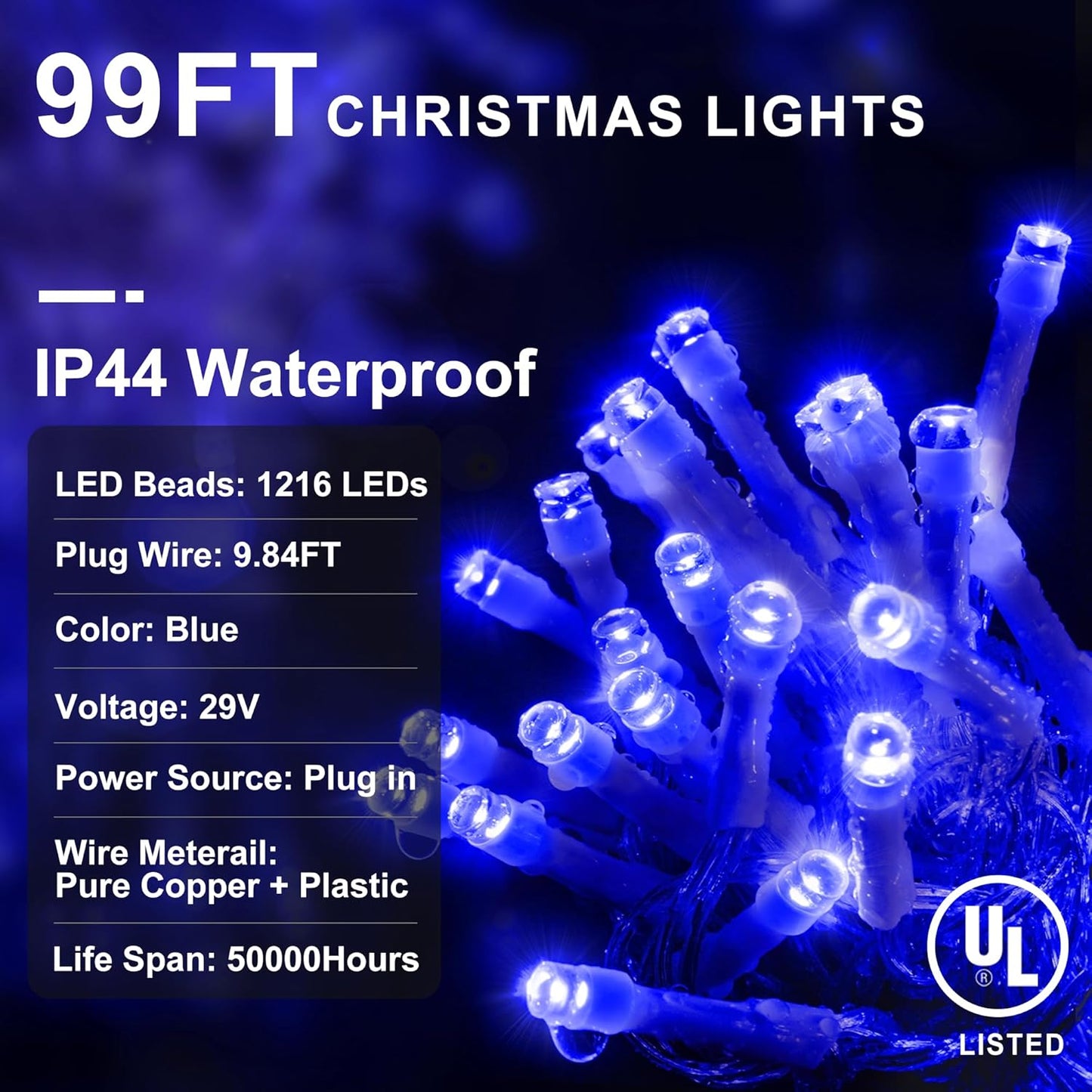 Christmas Lights Outdoor Decorations 1216 LED 99ft 8 Modes Curtain Fairy String Light with 228 Drops, Clear Wire LED String Light Indoor Decor for Wedding Party Holiday Christmas Decoration Blue